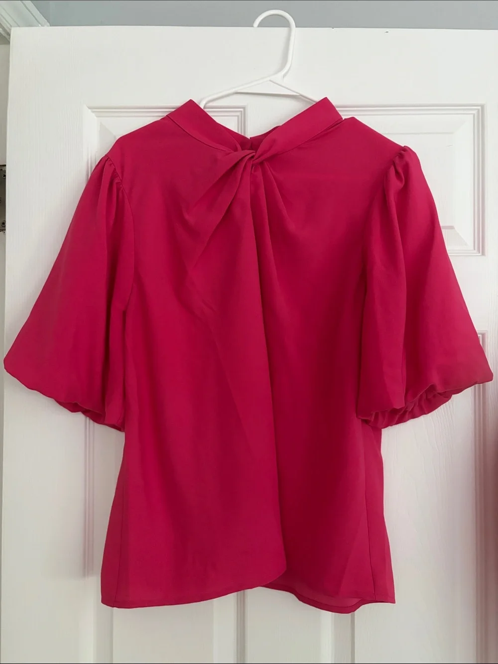 LOFT Bright Fuchsia Tie-Neck Puff Sleeve Blouse